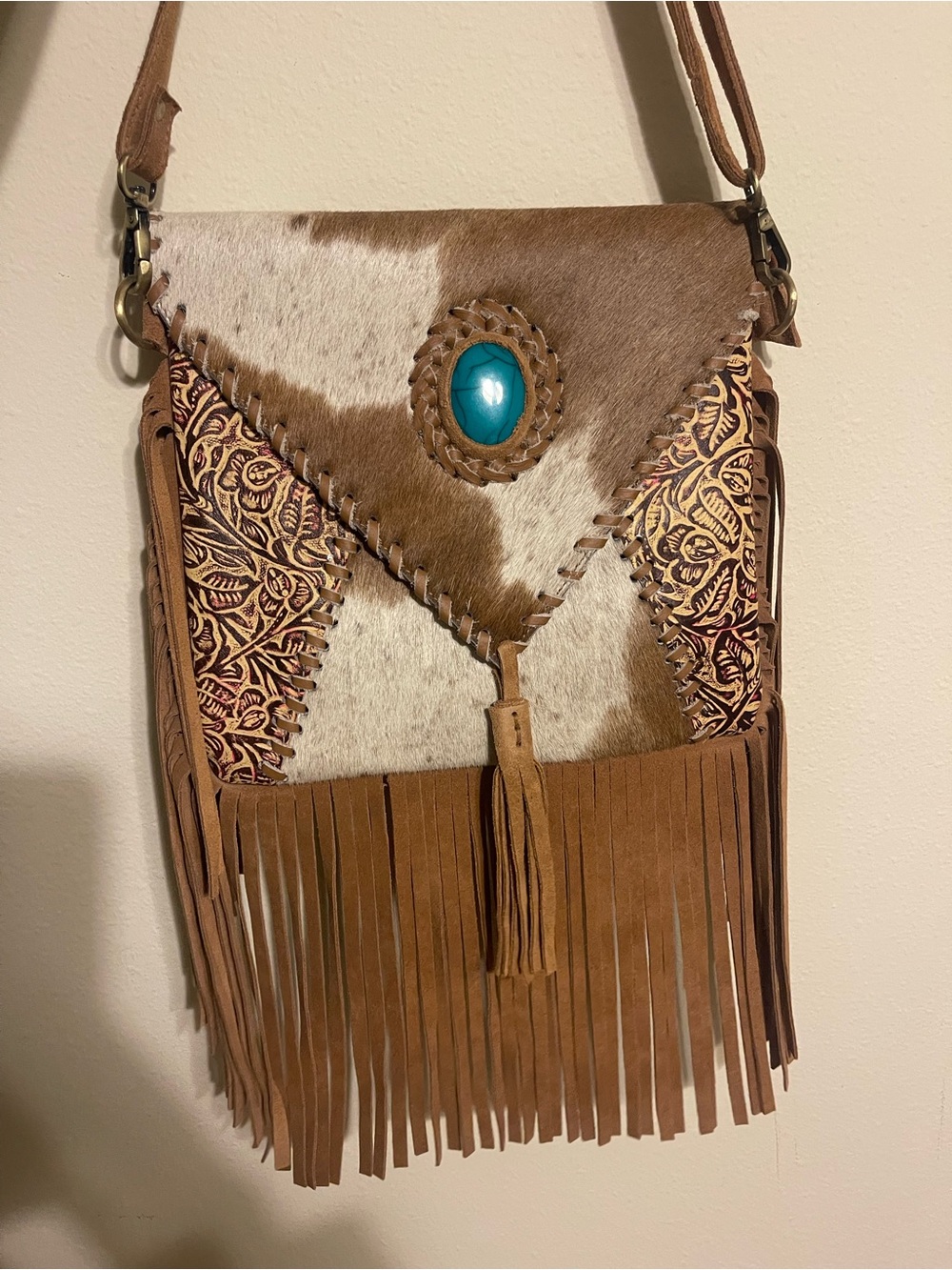 Boho Fringe Crossbody Bag with Turquoise Accent - Brown Cowhide